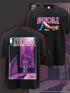 Mens Heavyweight Anime T-Shirt | Invincible Comic Cover Design, Soft Washed, Double-Sided, Black, Crew Neck, Short Sleeve, Geometric Print, Casual Streetwear, Convention Outfit, Ideal Gift for Anime Lovers, Retro Aesthetic, Durable Material