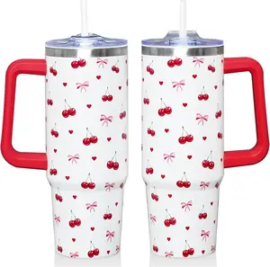30 Oz Red Cherry Tumbler with Handle and Straw, Insulated Stainless Steel Coffee Travel Cup Mug Water Bottle, Red Cherry Themed Gifts for Women