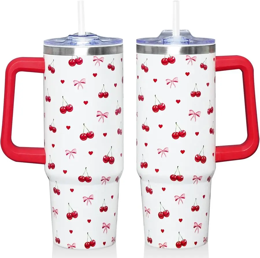 30 Oz Insulated Stainless Steel Reusable Water Bottle Mug - Printed Cherry Design, Handle, Straw, Lid, Portable Kitchenware Beverage Bottled Drinkware for Coffee, Tea, Women’s Gift