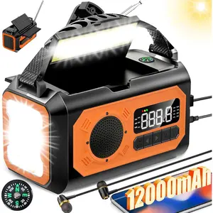 44400mWh/12000mAh Emergency Radio, Hand Crank Portable Solar Radio AM/FM/NOAA Weather Radio with 2 Solar Panels,3 Charging Methods,SOS Alarm,Flashlight,Phone Charger,Compass,Reading Lamp