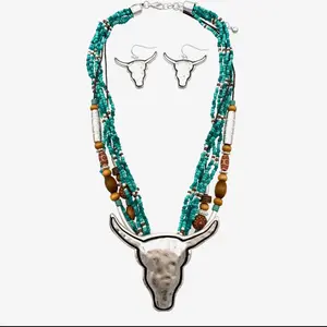 Navajo Bead Longhorn Pendant Necklace with earrings