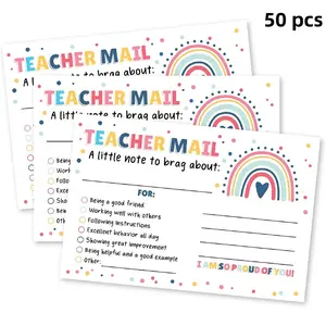 Rainbow Pattern Teacher Mail Card, 50pcs/pack Teacher Encouragement Card, Positive Behavior Encouragement Note for Students, School Classroom Reward Card, Message Card