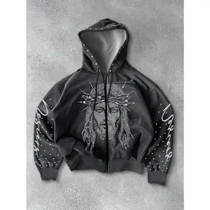 Men's Spring Rhinestone Embellished Figure Print Zip Front Drawstring Hoodie Sweatshirt