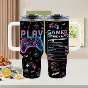 Gamer， 40oz tumbler with handle， Summer Ice Stainless Steel Vacuum Insulated Travel Mug， Neon RGB Arcade design， Video Game Lover Gift， for office and road trip， Birthday Gift， Water Bottle， Tumbler Gift for Women and Men