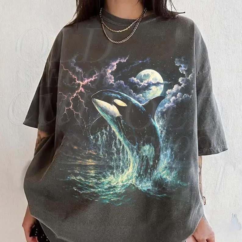 Comfort Colors Vintage Orca Midnight 90s Graphic T-Shirt, Retro Killer Whale Tee, Ocean Wildlife Shirt, Lightning Orca Graphic, Nature Lover Apparel
