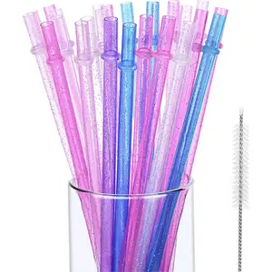 25 Pcs Glitter Reusable Plastic Straws 9 Inches Long Hard Plastic Straws with Brush 6 Colors Translucent Replacement Drinking for 16oz-30 oz Tumblers