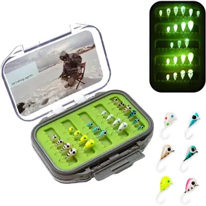 Tungsten Ice Fishing Jigs Kit, 15/21/30/45- 3.2/4/5/6mm Glow in Dark  Drop Lures with 2-Sided  Tackle Box - Walleye/Perch/Crappie Jigs for Cold Water