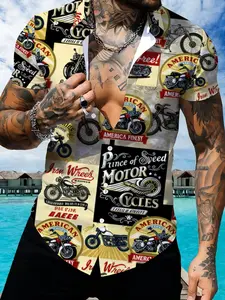 Vintage Motorcycle Print Short Sleeve Shirt, Men's Hawaiian Style Casual Shirt, Trendy Pattern Beach Top