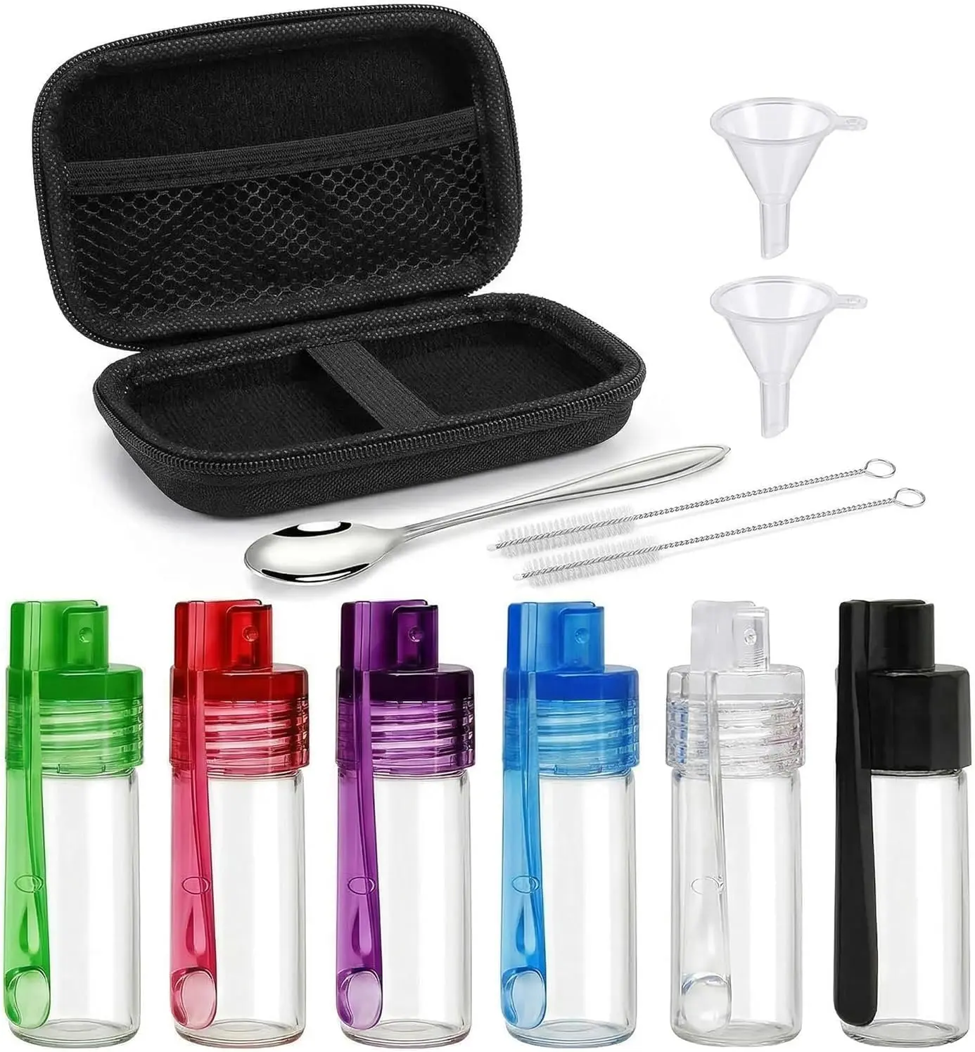 6-Pack Reusable Airtight Glass Spice Jars Kit - Compact Set with Built-In Telescopic Spoons, Color-Coded Utensils, EVA Storage Case, Funnels, Brushes, 12 Pieces Total, Leak-Proof for Outdoor Camping Cooking
