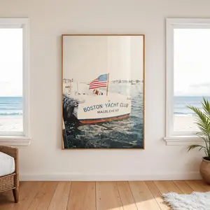 [SALE UP TO 35%] Vintage Yacht American Flag Poster, Nantucket Summer Fashion Magazine, Old Money Wall Art, Trendy Patriotic Art, Navy & Red Coastal Print