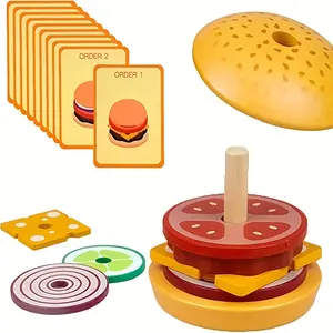 A Set of Wooden Stacking Hamburger Toys, Fine Motor Skill Game with Hamburger Food And Order Cards, Suitable for Aged 3 And Up (Hamburger) Halloween, Thanksgiving, Christmas, New Year Gifts.