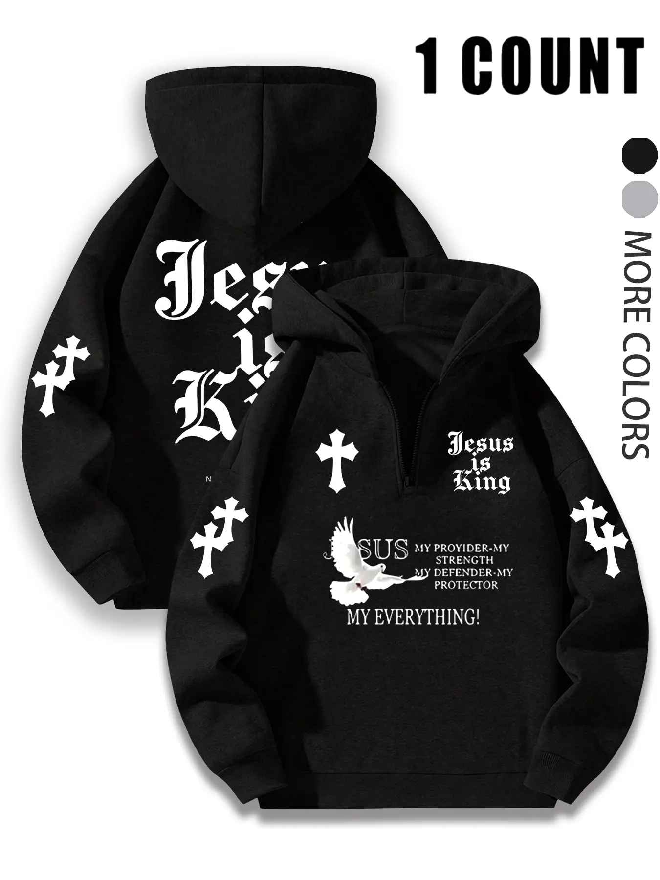Unisex Jesus Is King Faith Slogan Print Hoodie Sweatshirt, Street Style Woven Fabric, Half-Zipper Design, Fall & Winter Casual Wear