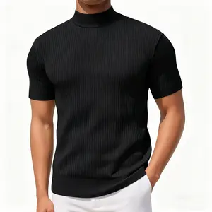 Men's Mock Turtleneck Sweater Short Sleeve Casual Basic Tops Ribbed Knit Pullover Solid