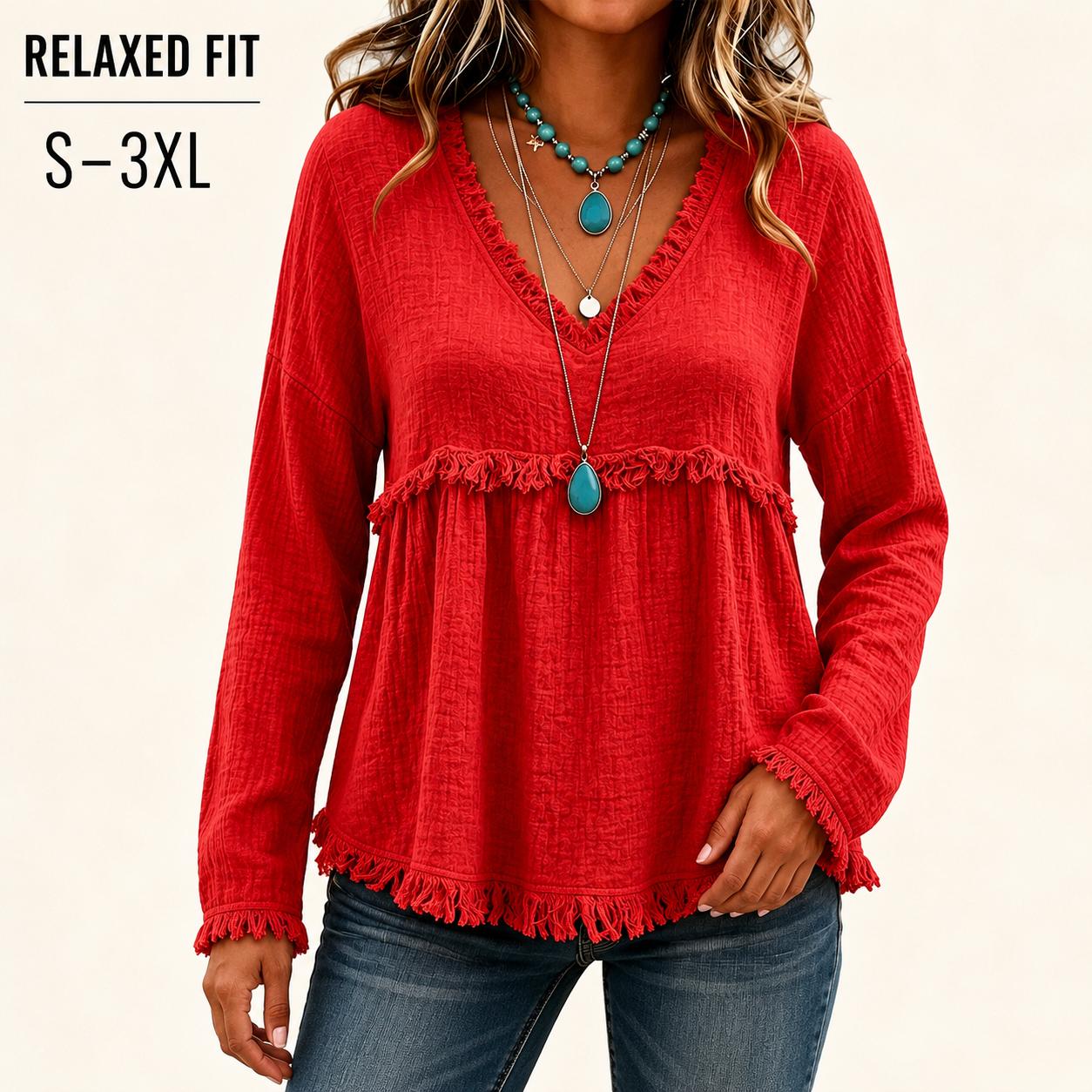 Women’s Boho V Neck Long Sleeve Fringe Top, Casual Loose Fit Textured Babydoll Blouse, Flowy Tassel Hem Tunic Shirt, Western Fall Fashion Tops, Plus Size S–3XL, Tops For Women, Women's Clothes