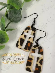 Leopard Print Cross Earrings, Christian Dangle Earrings, Lightweight Faux Leather Earrings, Faith Jewelry, Western Boho Earrings