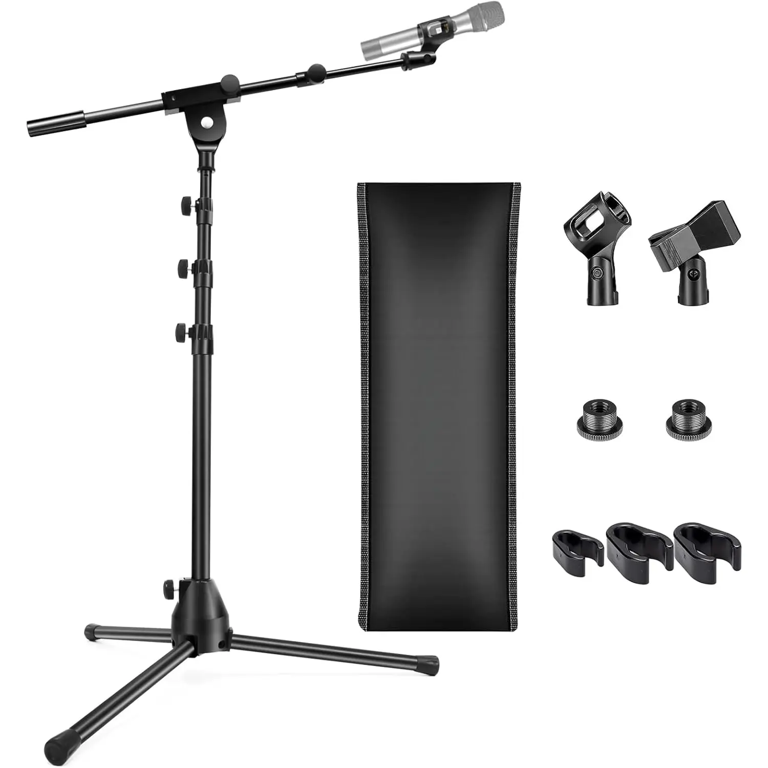 Microphone Stand Floor Foldable Mic Stand Heavy Duty Tripod Boom Arm with 2 Screws Adapter 2 Mic Clips 2  Covers and Carrying Bag for Singing Karaoke Stage HLS02