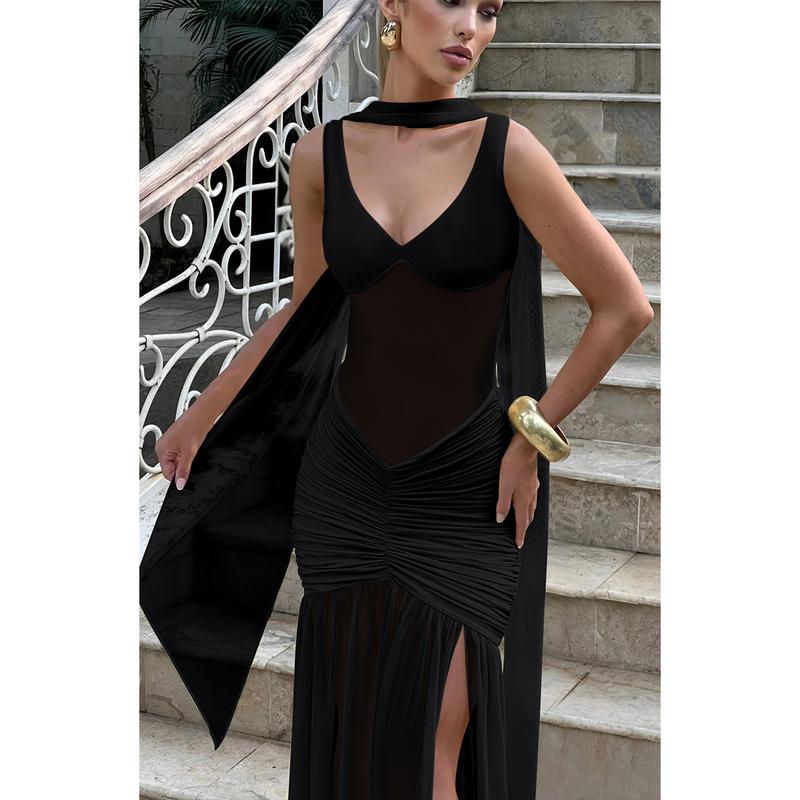 HYZ Women's Sleeveless Halter Neck Evening Gown Ruched Waist High Slit Flowy Long Maxi Dress for Prom Wedding Gala Black HYZ Women's Sleeveless Halter Neck Evening Gown Ruched Waist High Slit Flowy Long Maxi Dress for Prom Wedding Gala Black