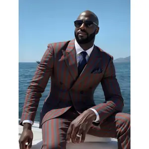 Men's Double Breasted Suit 2-Piece Set Slim Fit Peak Lapel Stripe Blazer Jacket & Dress Pants for Wedding Tuxedo Business Formal Events Classic Matching Menswear Pocket Striped