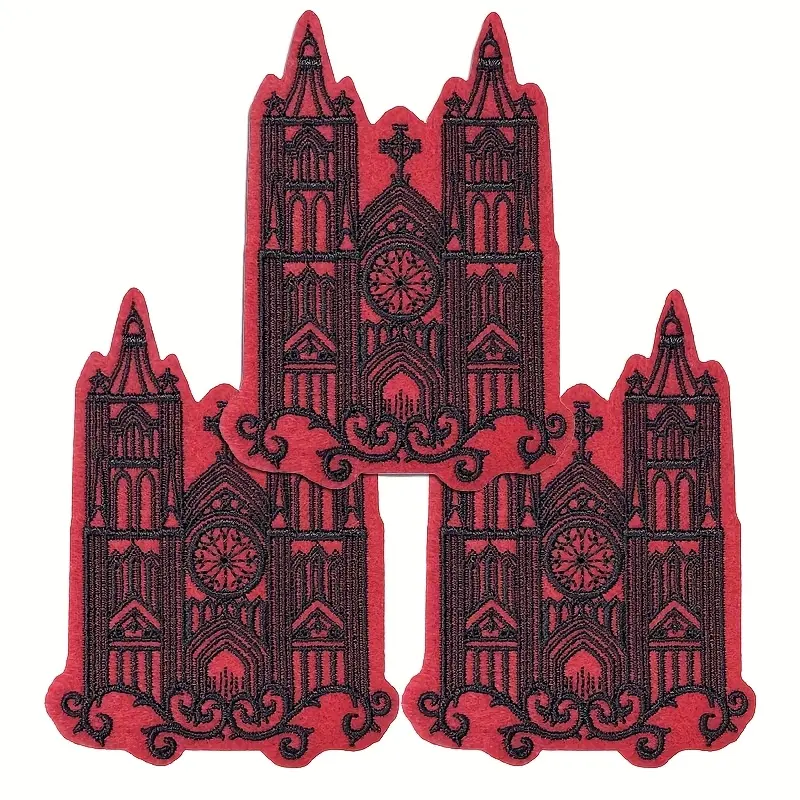 3pcs Gothic Embroidery Cathedral Patches, Red & Black Iron-On/Sew-On Goth Church Patches for Jackets, Backpacks, Halloween Decor Embroidered Design