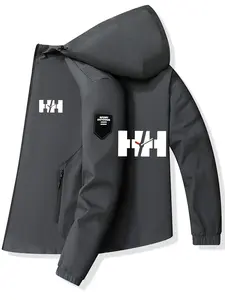 Men's Fashionable Hh Logo Jacket, Stylish Zipper Pockets, Casual Hooded Design, Polyester Material, Spring & Fall Wear, Fitted Outerwear