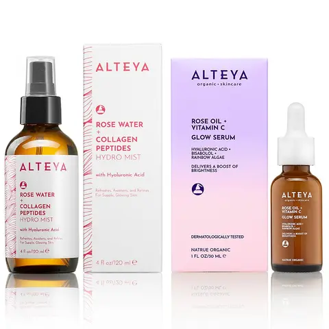 ALTEYA Rose Water Hydro Mist + Serum Renewal Set - Organic Facial Flower Moisturizer, Gentle Toner with Hyaluronic Acid, Collagen Peptides - Hydrates, Brightens for All Skin Types