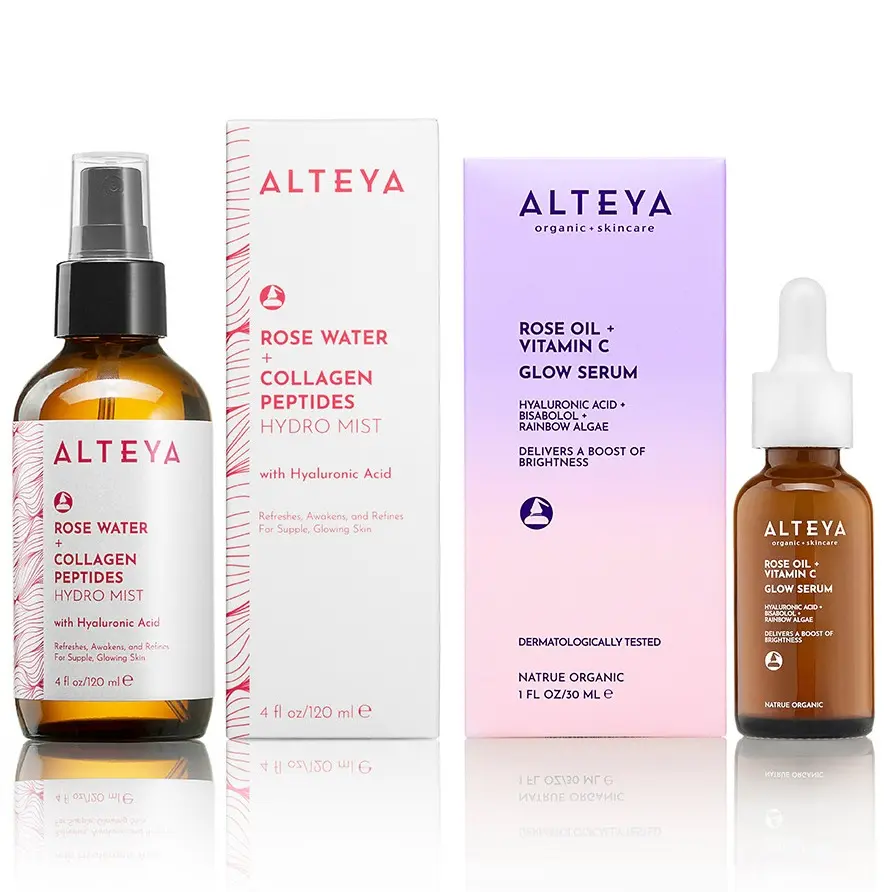 Rose Water Hydro Mist + Serum Renewal Set - Hydrating & Brightening with Hyaluronic Acid and Collagen Peptides - Organic Serum + Gentle Toner