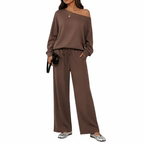 Women's 2026 Season Casual Silky Viscose-Spandex 2-Piece Set - Sloping Shoulder Longsleeve, Scoop Neck, Solid Color, Loose Minimalist Lazy Outfit Separates, Machine Washable Pants Matching Clothes for Women, Two Piece Sets