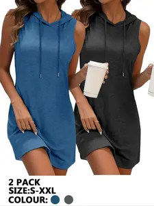 Women's Solid Color Hooded Sports Dress, Casual Sporty Sleeveless Tank Dress for Daily Outdoor Wear, Ladies Sportswear for All Seasons, Athletic Dress, Drawstring Athletic Dress