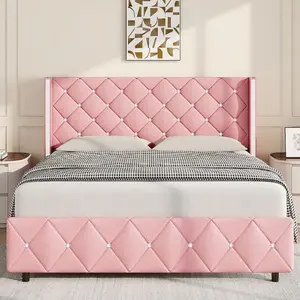 Frame  Wingback Headboard, Upholstered  Frame  Diamond Headboard And Footboard, Faux Leather Modern  Frame, Easy Assembly, Purple/ Blue/ Pink/ White/ Black/ Green, Twin/ Full/ Queen/ King with Bed high Size Gingham Daybed Trundle