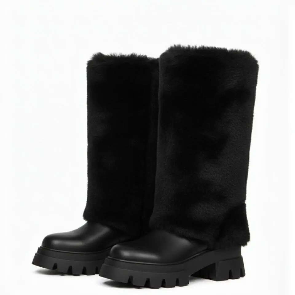 Womens Knee High Snow Winter Boots Faux Fur Rounded Toe Chunky Block Heels Fashionable Working Outing Concert Party Festival Comfy Fold Over Boot Stylish Footwear Chilly Day Booty