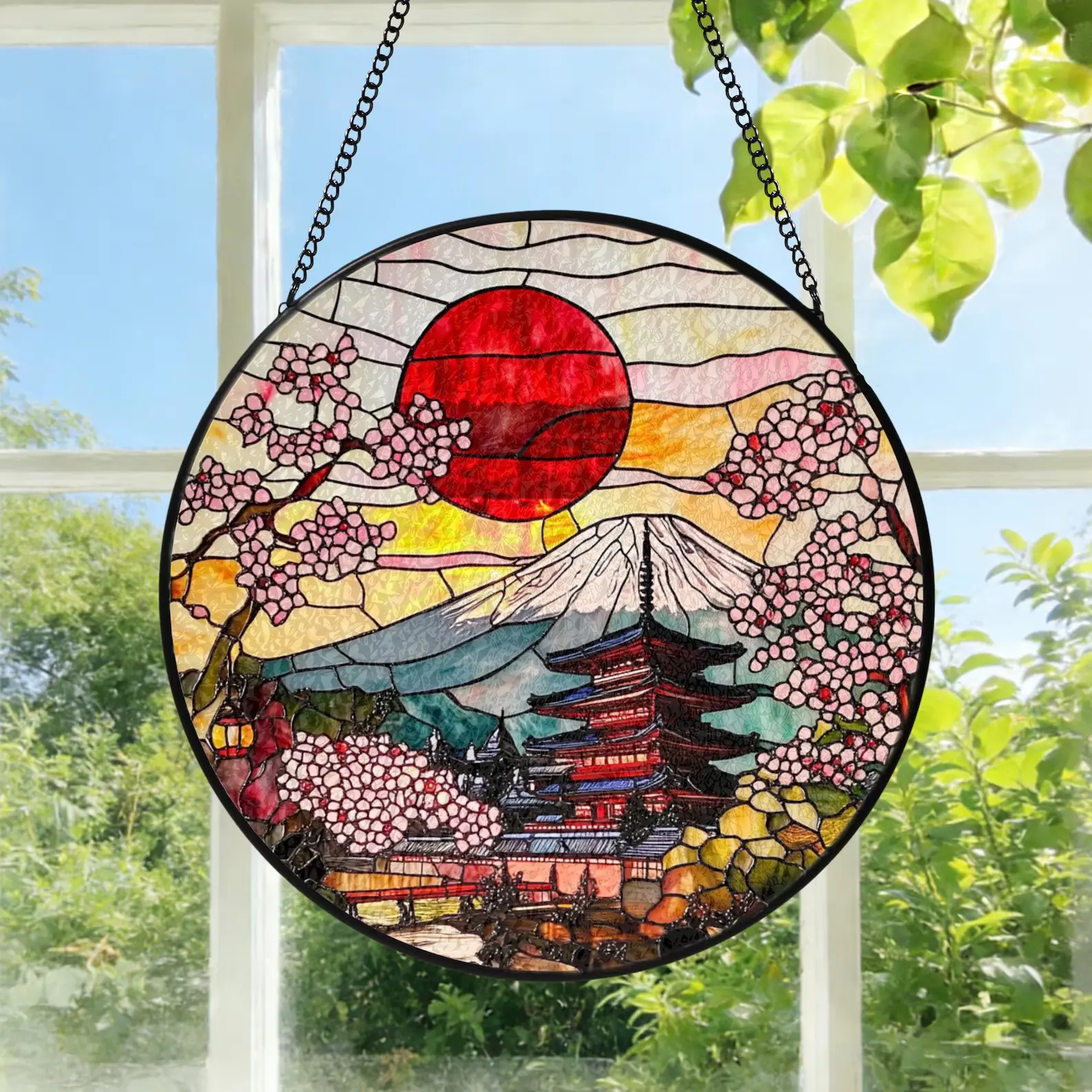 Japanese Mt Fuji Cherry Blossom Pagoda Suncatcher Hanging Window Panel, Beautiful Stained Glass Look Acrylic Ornament, Perfect Asian Decor Gift & Cozy Room Aesthetic Sun Catcher