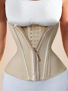 Women's Latex Low-Cut Shapewear Bodysuit, High Compression Body Shaper, Zipper Design, Waist Cinching Belt, Comfortable Fashion