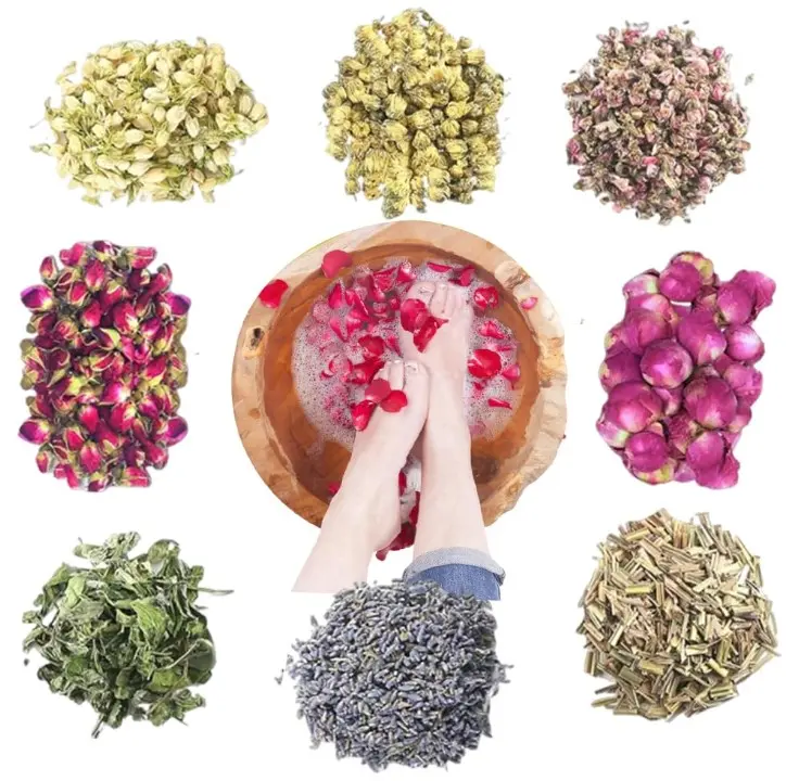 Dried Flowers Pedicure Foot Soak Kit,8 Bags Set for Dry Tired Feet,Including Rose Buds,Lavender,Jasmine,Chrysanthemum,Lemongrass,Mint, Peony,Peach Blossom (8 Bags, Dried Flowers)
