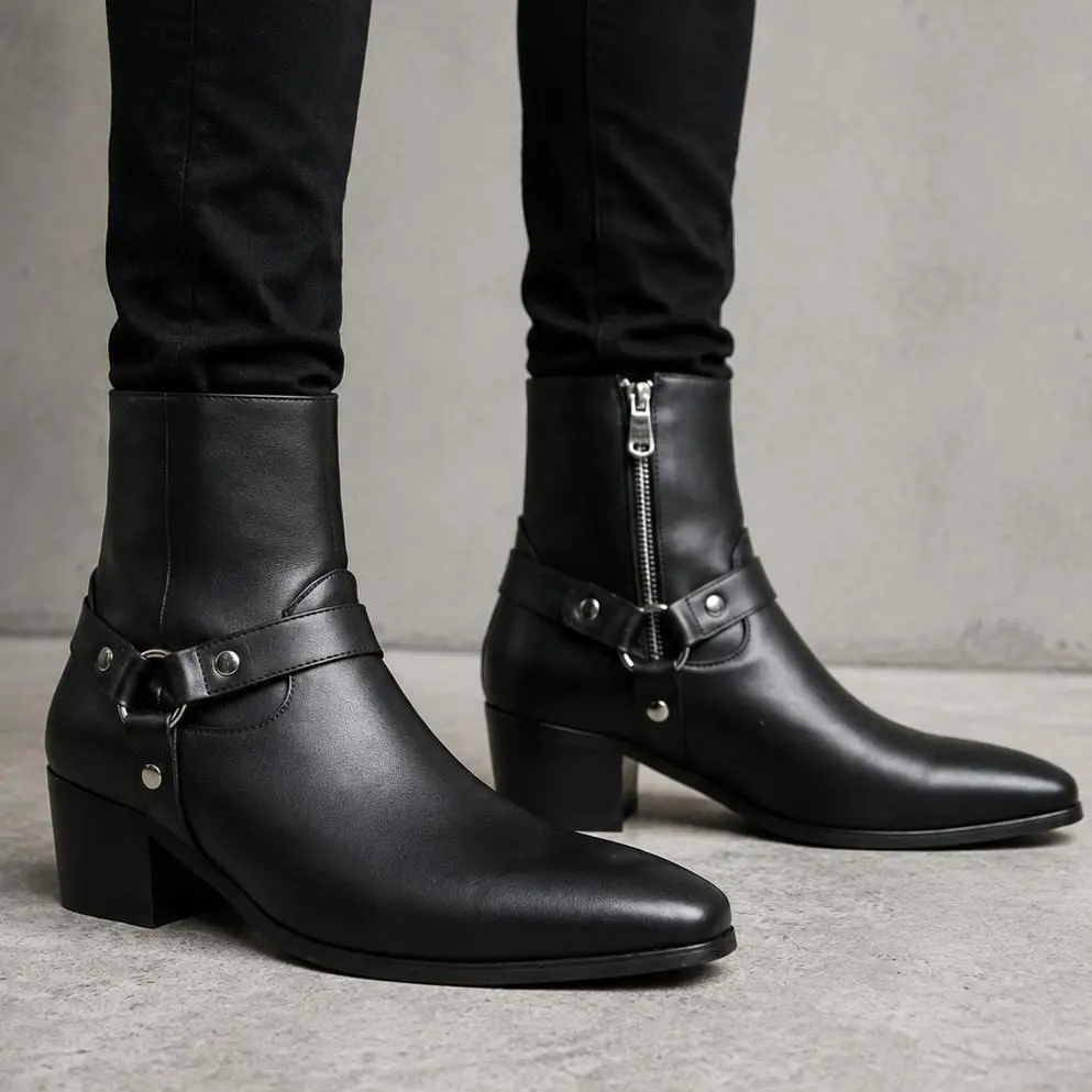 Mens Harness Ankle Boots Side Zipper Pointed Toe Cuban High Heel Smooth Leather Western Biker Motorcycle Boots Rock Grunge Gothic Y2K Streetwear Party Club Dress Shoes