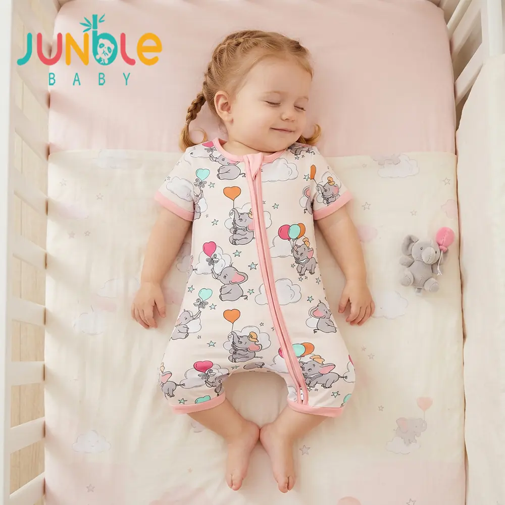 Junblebaby Dumbo Elephant Print Baby Romper, Bamboo Fiber Short Sleeve Two-Way Zipper Onesie,baby bamboo zipper romper,baby summer clothes, Kids   pjs, Breathable Summer Sleep Play Outfit for Baby Girls 0-3T US