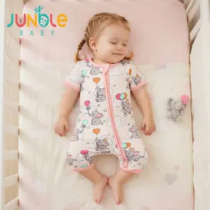 Junblebaby Dumbo Elephant Print Baby Romper, Bamboo Fiber Short Sleeve Two-Way Zipper Onesie,baby bamboo zipper romper,baby summer clothes, Kids   pjs, Breathable Summer Sleep Play Outfit for Baby Girls 0-3T US