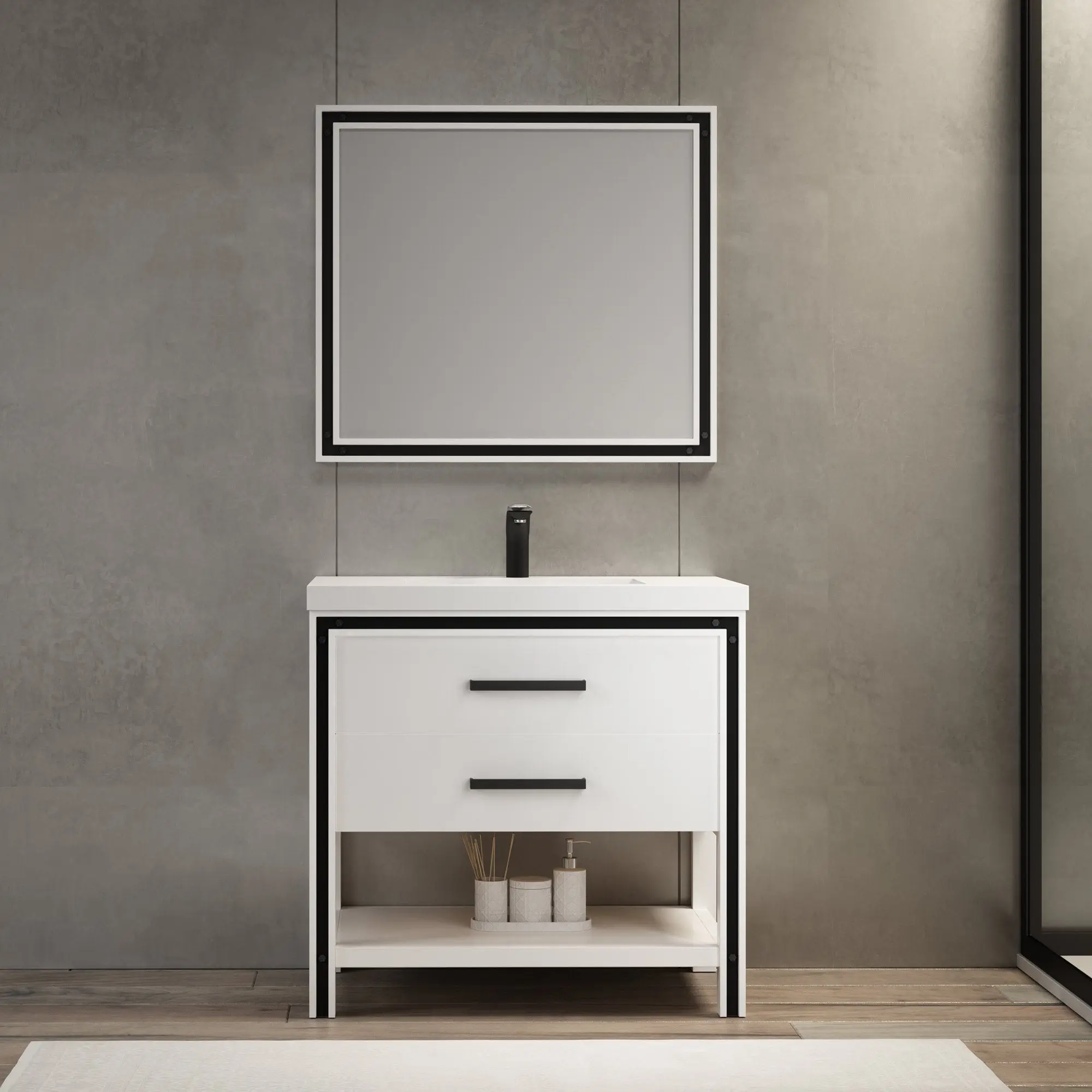 Dowell  36" Freestanding White Bathroom Vanity with Single Basin - One/Two Soft-Close Drawers and One/Two Open Shelves - 028 Series