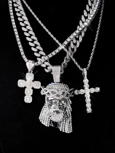 Men's Cross Jesus Pendant Necklace, Cuban Cross Necklace, Punk Style Rhinestone Design, Stainless Steel & Zinc Alloy Material, Ideal for All Occasions