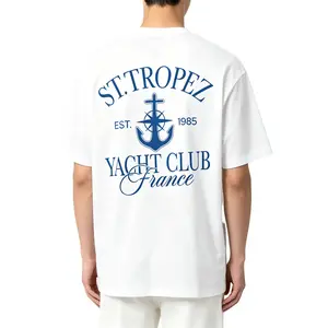 St.Tropez Yacht Club France Anchor Compass EST.1985 Double Sided Print Pure Cotton Crew Neck T-Shirt, Nautical Coastal Vacation Casual Tee