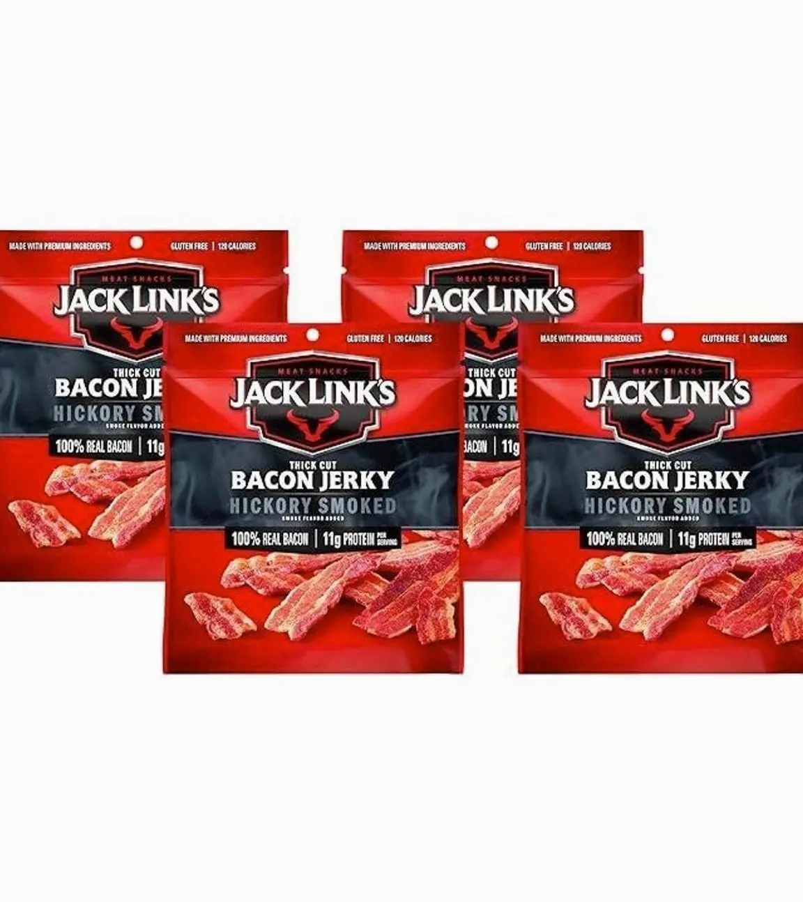 Jack Link's Bacon Jerky, Hickory Smoked - Flavorful Ready to Eat Meat Snack with 11g of Protein per Serving, Made with 100% Thick Cut Real Bacon, Protein Snack, Keto Friendly, 2.5 oz. (Pack of 4)