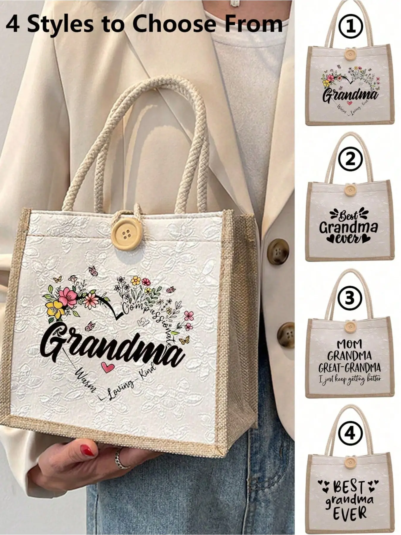 "Best Grandma" Printed Linen Tote Bag Set, Simple Large Capacity Single Shoulder Bag, Grandma Gift, From Grandchildren to Grandma, Casual Storage Bag, Multi-functional Shopping Bag, Personalized Gift Bag, or Lunch Bag - New Design.