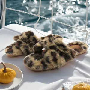 Women's Stylish Leopard Print Fur Slides - All-Season PU Fabric Slippers with Memory Foam Insole, Soft Comfy Classic Indoor House Shoes, Non-Slip Rubber Sole Flipflops (Replace only, no repair policy)