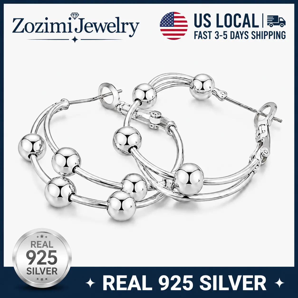S925 Sterling Silver Double-Layer C-Shape Huggie Hoops, Fixed Smooth Round Non-Sliding Ball Design, Polished Minimalist Stackable Daily Jewelry Gift