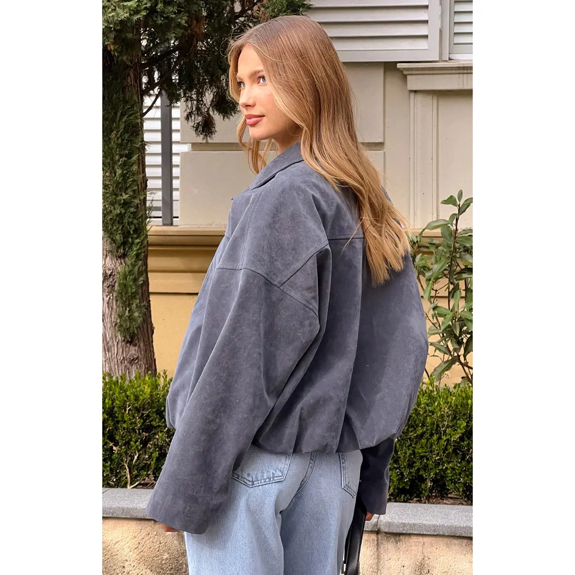 River Steel Grey Suedette Bubble Hem Bomber Jacket