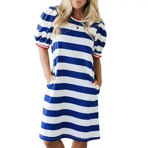 Mntaor Women's Summer Striped Shift Mini Dress - Contrast Trim, Round Neck, Puff Sleeves - Flowy, Comfortable, Y2K Aesthetic - Ideal for Office Casual, Weekend Outings - Pair with Wedges or Boots