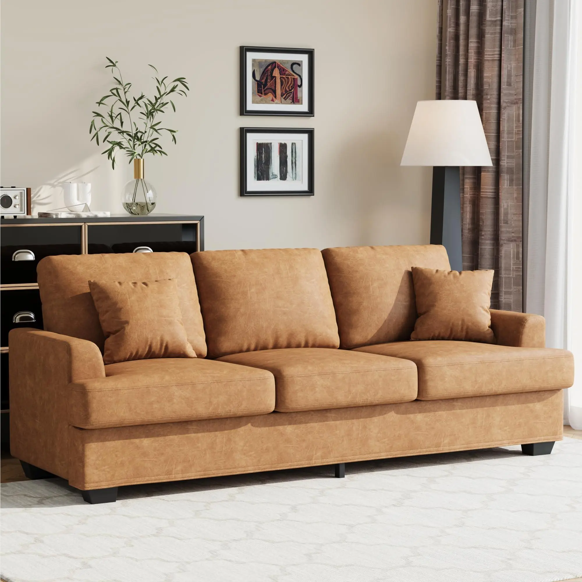 GAOMON Modern 86" Leather Sofa with 2 Throw Pillows, Deep Seat Couch with Upholstered Cushion & Removable Cover,Comfy Faux Leather Sofa Couch for Small Space Apartment Lounge, Brown