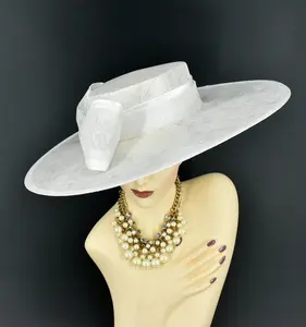 M23155 White Wide Flat-Brim Sinamay Fascinator Hat for Kentucky Derby, Church, Wedding, Easter, Royal Ascot, and Tea Parties