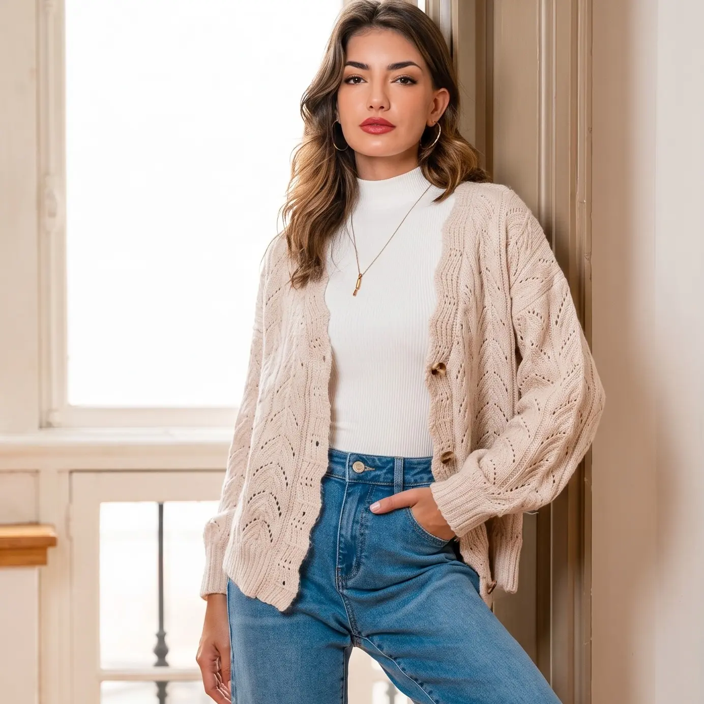 Cupshe Women's Cardigan Beige Chunky Knit Cardigan Sweater- Soft Oversized V-Neck Long-Sleeve Open-Front Layering Knitwear for Everyday Wear Womenswear Knitting, Lazy Outfit