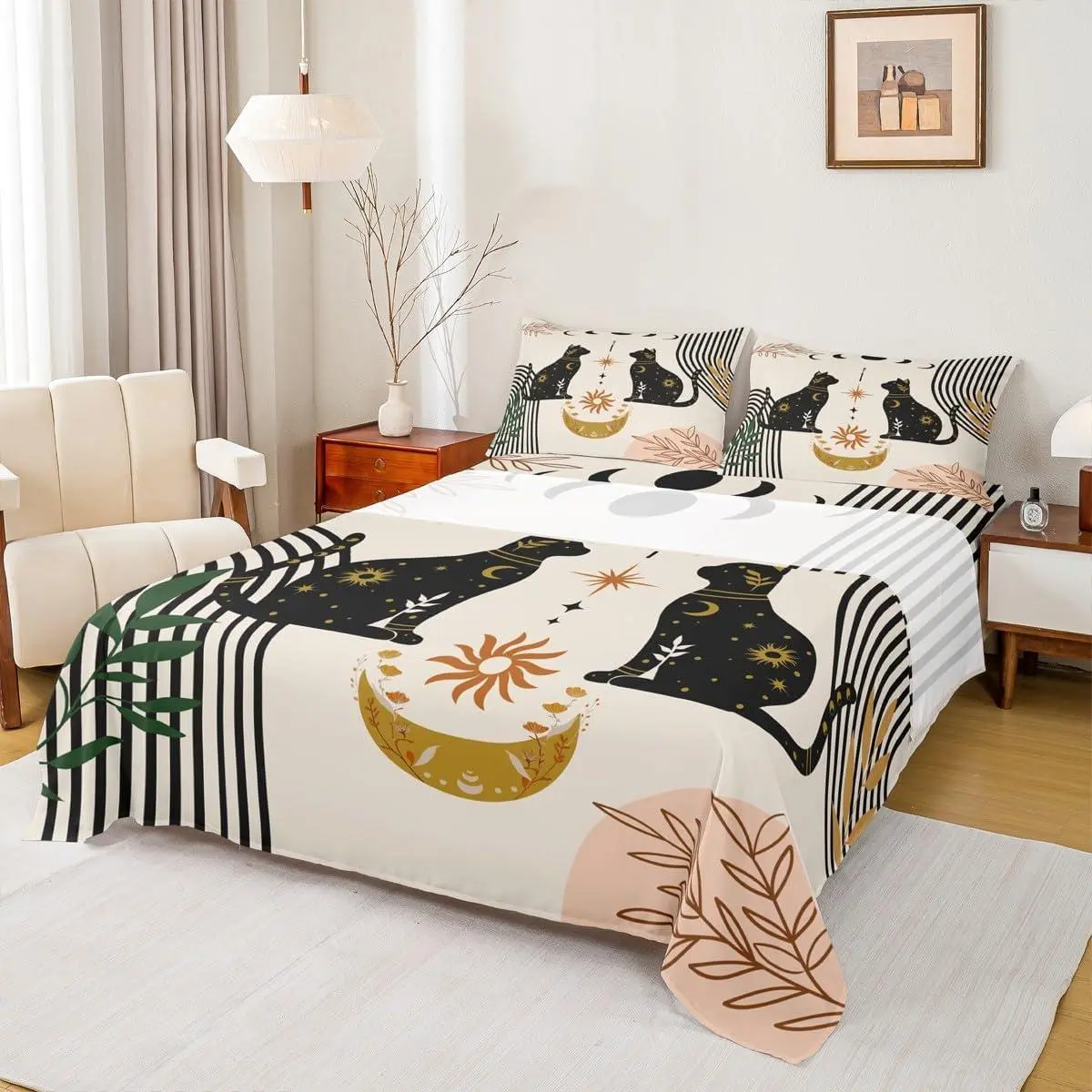 Cute Cat Silhouettes Sheet,Sun Moon Trippy Bedding Set for Kids Teens Adults,Floral Leaves Animal Creative Colorful Bed Sheet Set with Deep Pocket Fitted Sheet + Flat Sheet
