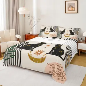 Cute Cat Silhouettes Sheet,Sun Moon Trippy Bedding Set for Kids Teens Adults,Floral Leaves Animal Creative Colorful Bed Sheet Set with Deep Pocket Fitted Sheet + Flat Sheet